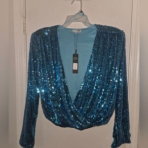 Fashsion Nova Sparkling Blue Sequin Blouse
